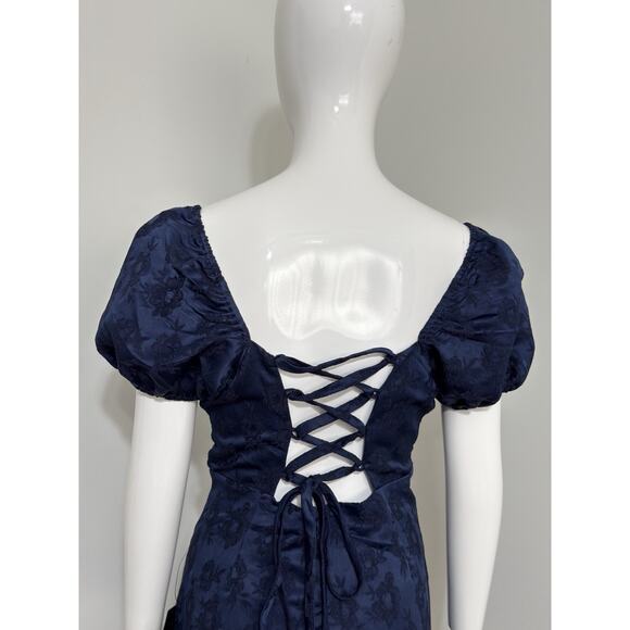 NWT Lulus Dress Women’s L Blue Floral Jacquard Lace Up Back Puff Sleeve Ruffle - Picture 8 of 13
